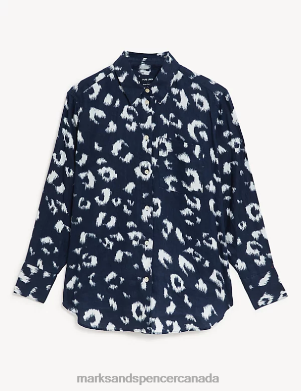 Women Navy Mix Clothing Marks & Spencer Pure Linen Printed Oversized Shirt 20VTD2063 - Marks and Spencer Canada locations