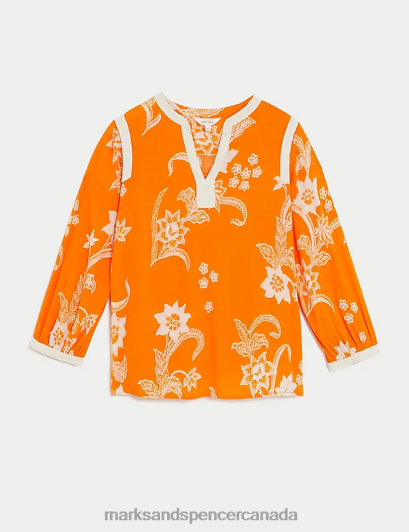Women Orange Mix Clothing Marks & Spencer Floral Notch Neck Lace Detail Blouse 20VTD2762 - Marks and Spencer outlet