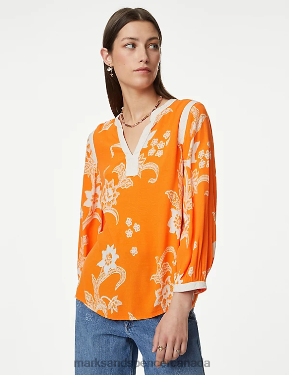 Women Orange Mix Clothing Marks & Spencer Floral Notch Neck Lace Detail Blouse 20VTD2762 - Marks and Spencer outlet