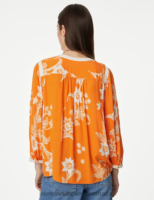 Women Orange Mix Clothing Marks & Spencer Floral Notch Neck Lace Detail Blouse 20VTD2762 - Marks and Spencer outlet