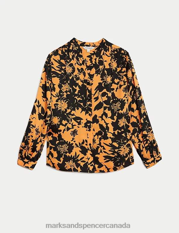 Marks and Spencer sale - Women Orange Mix Clothing Marks & Spencer Satin Floral V-Neck Blouse 20VTD3280