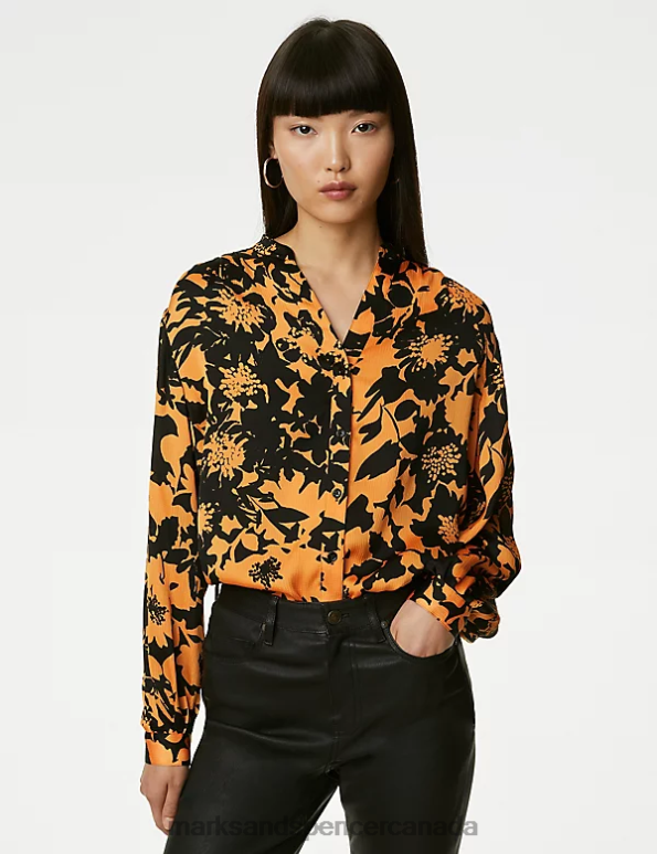 Marks and Spencer sale - Women Orange Mix Clothing Marks & Spencer Satin Floral V-Neck Blouse 20VTD3280