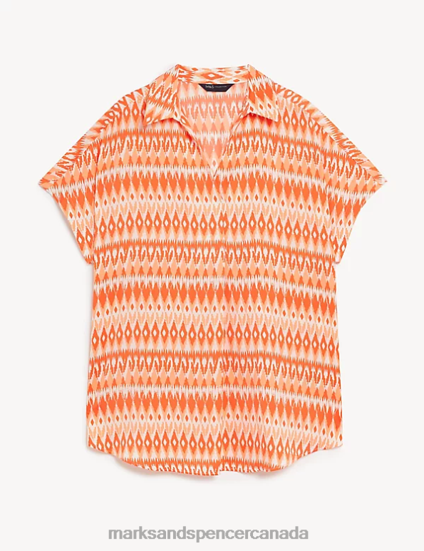 Women Orange Mix Clothing Marks & Spencer Satin Printed Popover Blouse 20VTD3048 - Marks and Spencer outlet