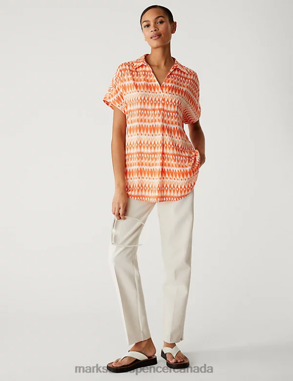 Women Orange Mix Clothing Marks & Spencer Satin Printed Popover Blouse 20VTD3048 - Marks and Spencer outlet