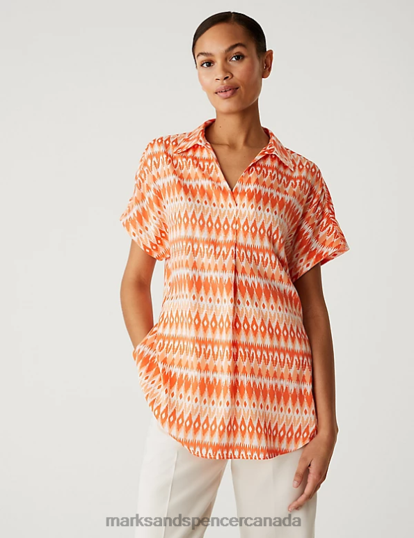 Women Orange Mix Clothing Marks & Spencer Satin Printed Popover Blouse 20VTD3048 - Marks and Spencer outlet