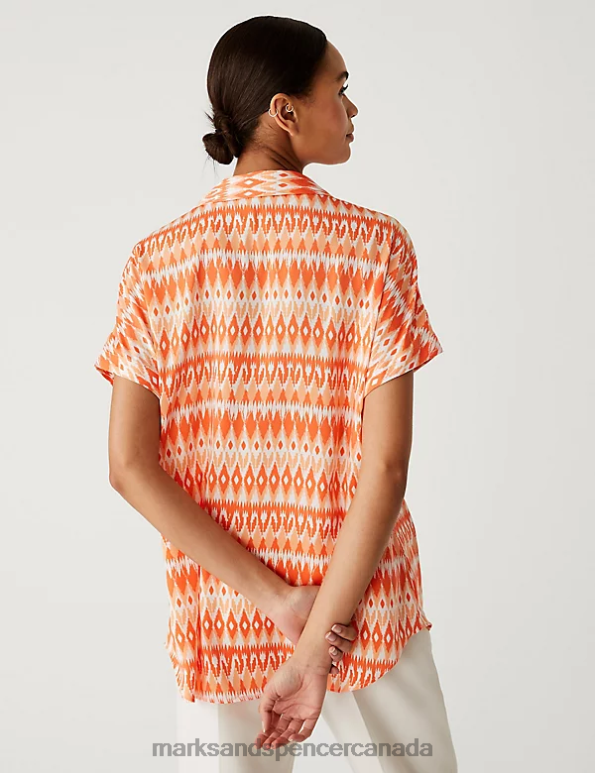 Women Orange Mix Clothing Marks & Spencer Satin Printed Popover Blouse 20VTD3048 - Marks and Spencer outlet