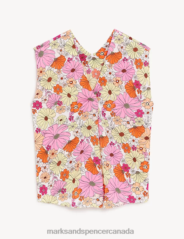 Women Orange Mix Clothing Marks & Spencer Satin Printed V-Neck Popover Blouse 20VTD1857 - Marks and Spencer outlet