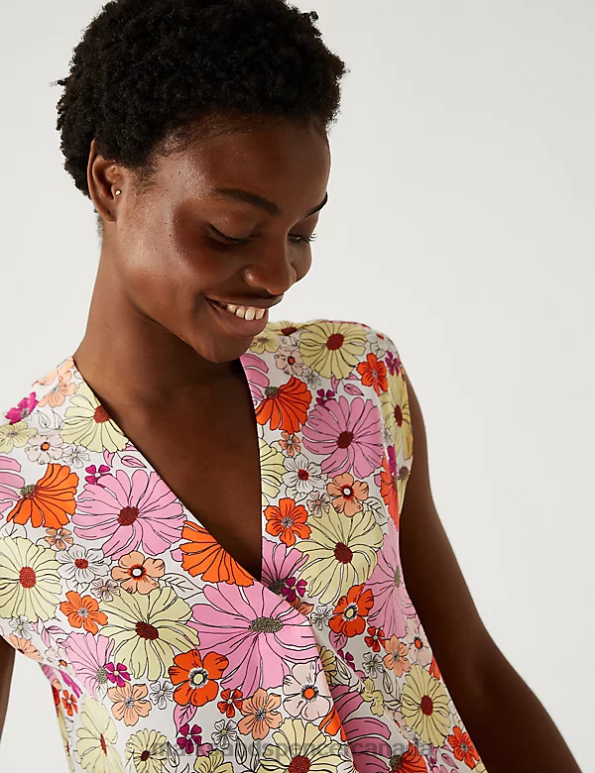 Women Orange Mix Clothing Marks & Spencer Satin Printed V-Neck Popover Blouse 20VTD1857 - Marks and Spencer outlet