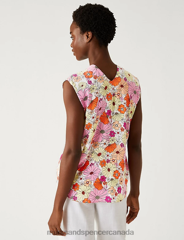 Women Orange Mix Clothing Marks & Spencer Satin Printed V-Neck Popover Blouse 20VTD1857 - Marks and Spencer outlet