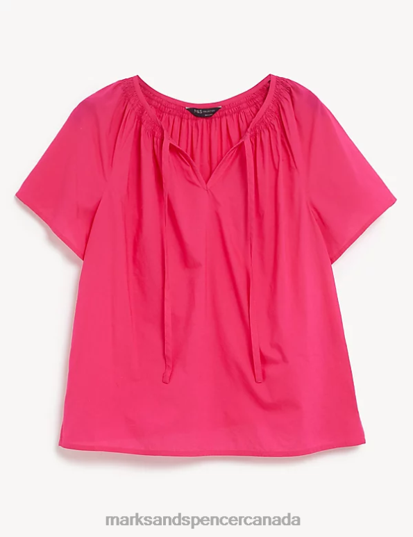 Women Pink Fizz Clothing Marks & Spencer Pure Cotton Tie Neck Blouse 20VTD1958 - Marks and Spencer online