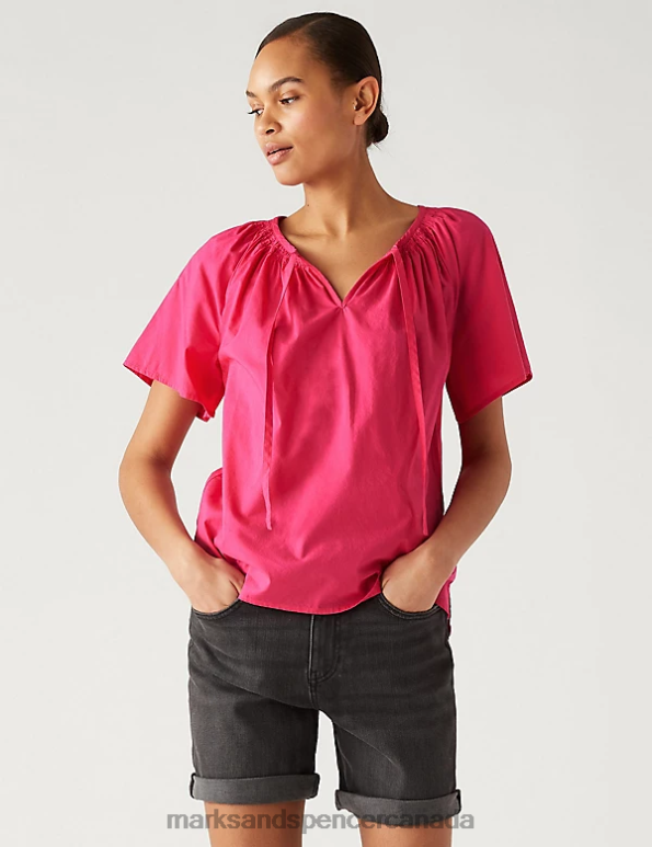 Women Pink Fizz Clothing Marks & Spencer Pure Cotton Tie Neck Blouse 20VTD1958 - Marks and Spencer online