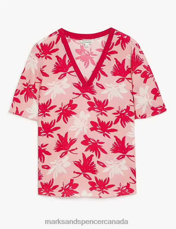 Marks and Spencer near me - Women Pink Mix Clothing Marks & Spencer Cupro Rich Printed V-Neck Blouse 20VTD1872