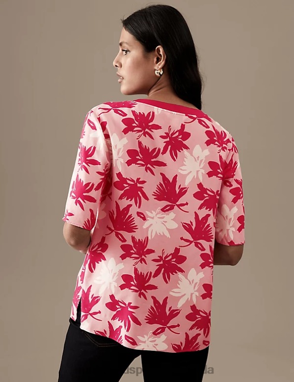 Marks and Spencer near me - Women Pink Mix Clothing Marks & Spencer Cupro Rich Printed V-Neck Blouse 20VTD1872