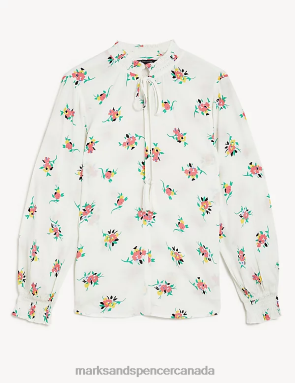 Marks and Spencer near me - Women Pink Mix Clothing Marks & Spencer Floral Tie Neck Ruffle Blouse 20VTD1096