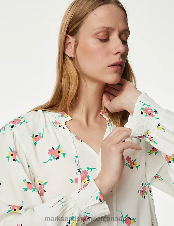 Marks and Spencer near me - Women Pink Mix Clothing Marks & Spencer Floral Tie Neck Ruffle Blouse 20VTD1096