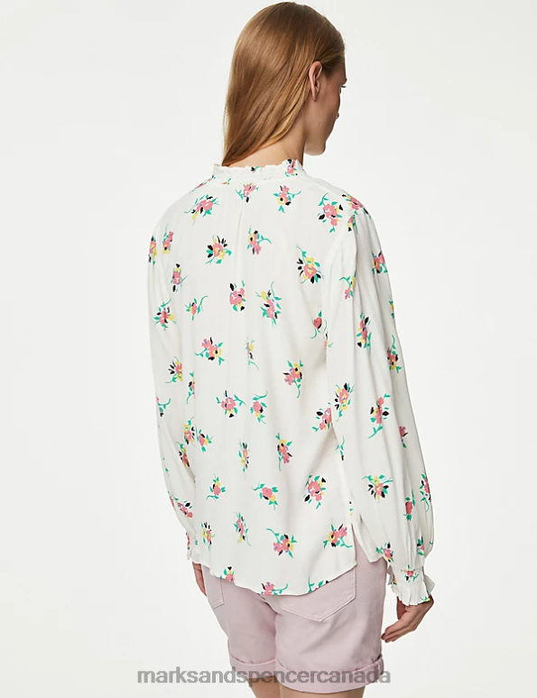 Marks and Spencer near me - Women Pink Mix Clothing Marks & Spencer Floral Tie Neck Ruffle Blouse 20VTD1096