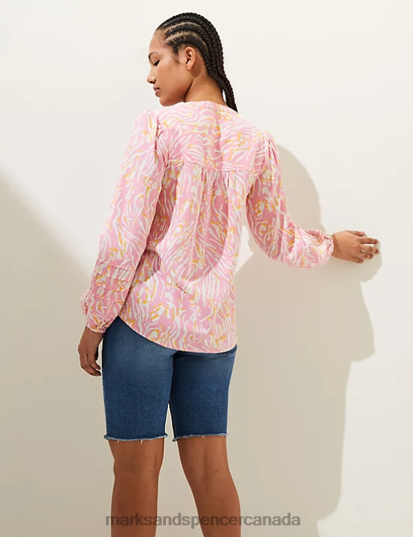 Marks and Spencer Canada - Women Pink Mix Clothing Marks & Spencer Linen Rich Printed V-Neck Relaxed Blouse 20VTD1504
