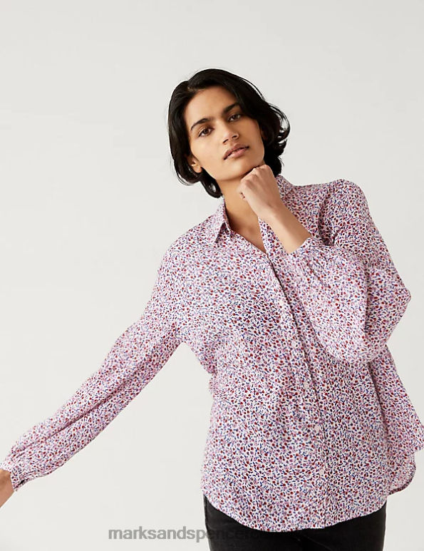 Women Pink Mix Clothing Marks & Spencer Modal Blend Printed Longline Shirt 20VTD668 - Marks and Spencer Canada locations