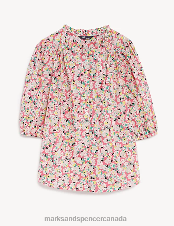 Marks and Spencer Canada - Women Pink Mix Clothing Marks & Spencer Pure Cotton Floral Puff Sleeve Blouse 20VTD23