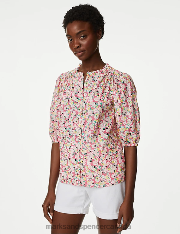 Marks and Spencer Canada - Women Pink Mix Clothing Marks & Spencer Pure Cotton Floral Puff Sleeve Blouse 20VTD23