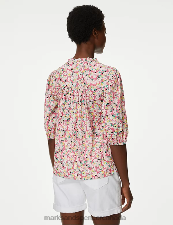 Marks and Spencer Canada - Women Pink Mix Clothing Marks & Spencer Pure Cotton Floral Puff Sleeve Blouse 20VTD23