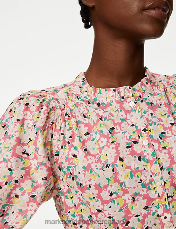 Marks and Spencer Canada - Women Pink Mix Clothing Marks & Spencer Pure Cotton Floral Puff Sleeve Blouse 20VTD23