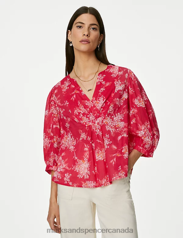 Women Pink Mix Clothing Marks & Spencer Pure Cotton Printed Notch Neck Blouse 20VTD77 - Marks and Spencer Canada locations