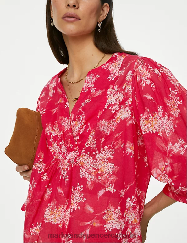 Women Pink Mix Clothing Marks & Spencer Pure Cotton Printed Notch Neck Blouse 20VTD77 - Marks and Spencer Canada locations
