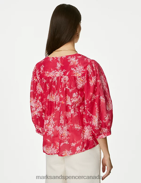 Women Pink Mix Clothing Marks & Spencer Pure Cotton Printed Notch Neck Blouse 20VTD77 - Marks and Spencer Canada locations