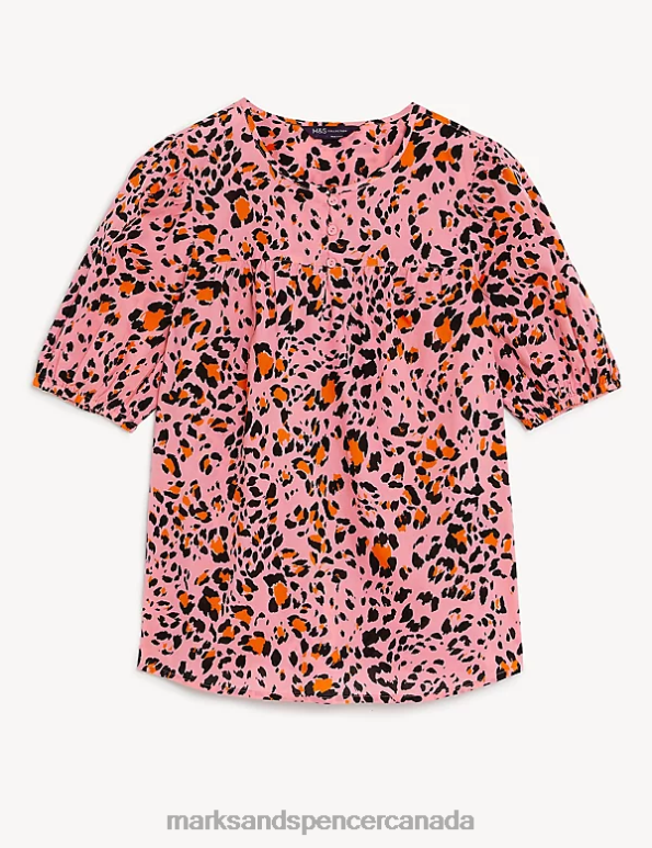 Marks and Spencer sale - Women Pink Mix Clothing Marks & Spencer Pure Cotton Printed Puff Sleeve Blouse 20VTD1781