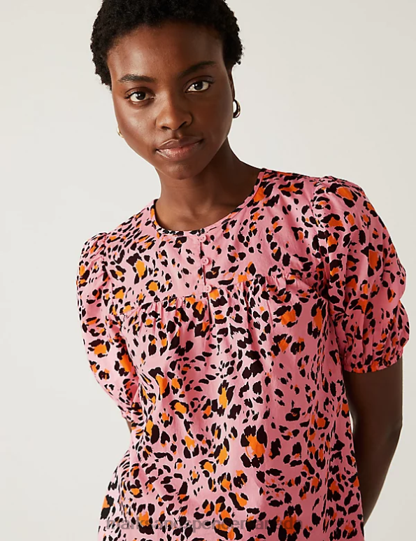 Marks and Spencer sale - Women Pink Mix Clothing Marks & Spencer Pure Cotton Printed Puff Sleeve Blouse 20VTD1781