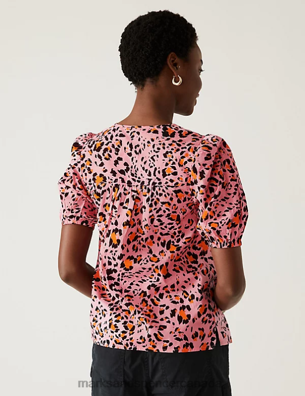 Marks and Spencer sale - Women Pink Mix Clothing Marks & Spencer Pure Cotton Printed Puff Sleeve Blouse 20VTD1781