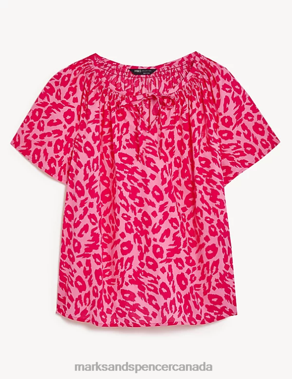 Marks and Spencer Canada - Women Pink Mix Clothing Marks & Spencer Pure Cotton Printed Tie Neck Blouse 20VTD2957