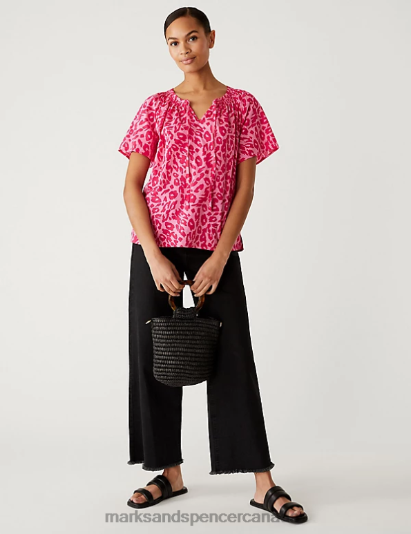 Marks and Spencer Canada - Women Pink Mix Clothing Marks & Spencer Pure Cotton Printed Tie Neck Blouse 20VTD2957