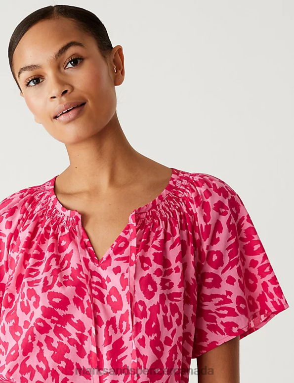 Marks and Spencer Canada - Women Pink Mix Clothing Marks & Spencer Pure Cotton Printed Tie Neck Blouse 20VTD2957