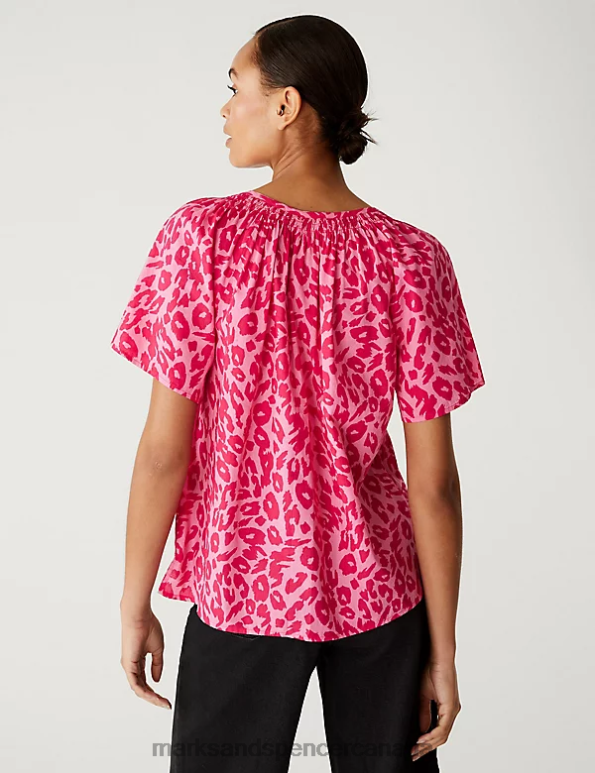 Marks and Spencer Canada - Women Pink Mix Clothing Marks & Spencer Pure Cotton Printed Tie Neck Blouse 20VTD2957