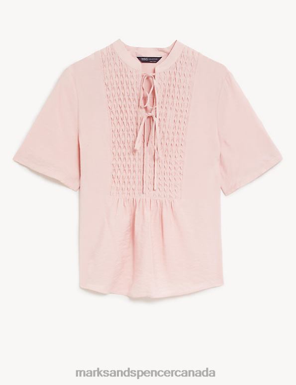 Women Pink Shell Clothing Marks & Spencer V-Neck Smocked Popover Blouse 20VTD2806 - Marks and Spencer online