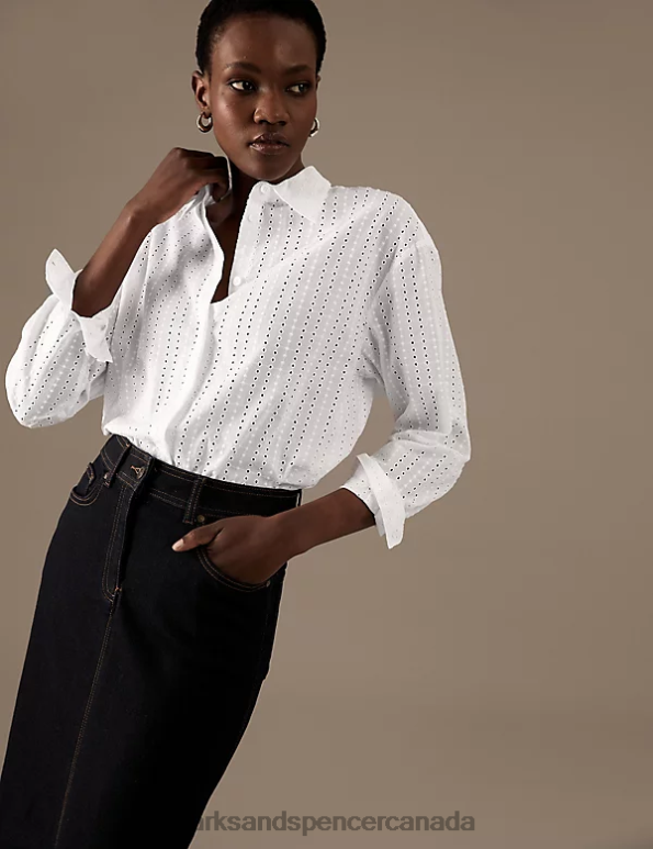 Women Soft White Clothing Marks & Spencer Pure Cotton Broderie Detail Shirt 20VTD2498 - Marks and Spencer outlet