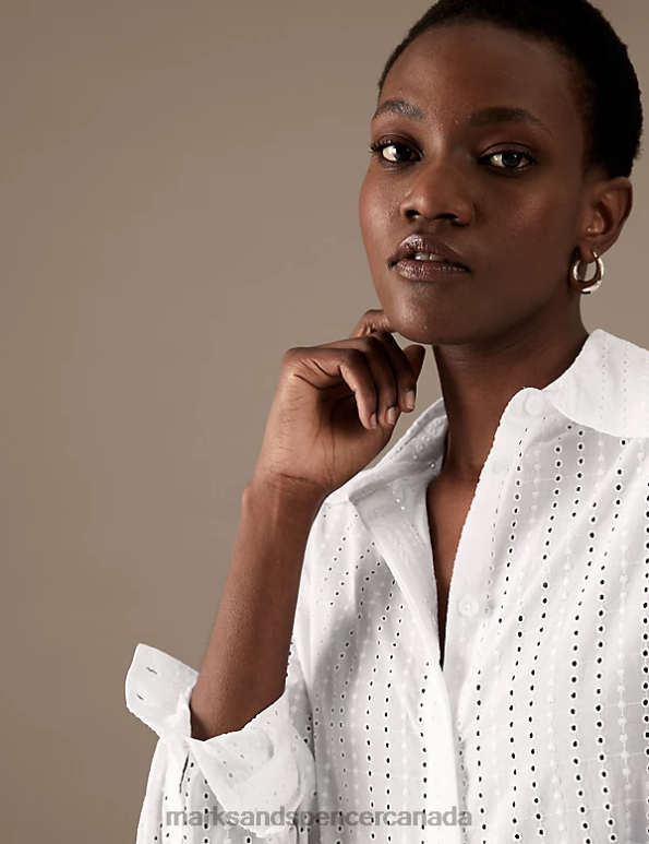 Women Soft White Clothing Marks & Spencer Pure Cotton Broderie Detail Shirt 20VTD2498 - Marks and Spencer outlet