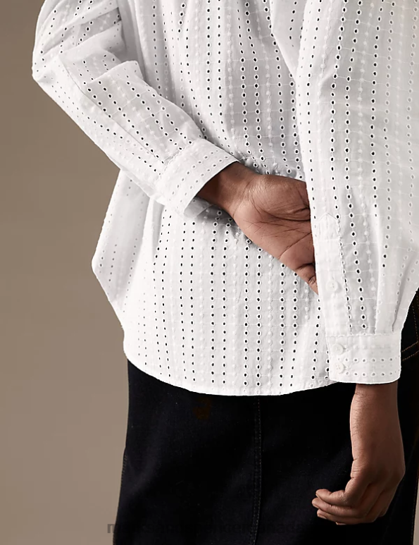 Women Soft White Clothing Marks & Spencer Pure Cotton Broderie Detail Shirt 20VTD2498 - Marks and Spencer outlet
