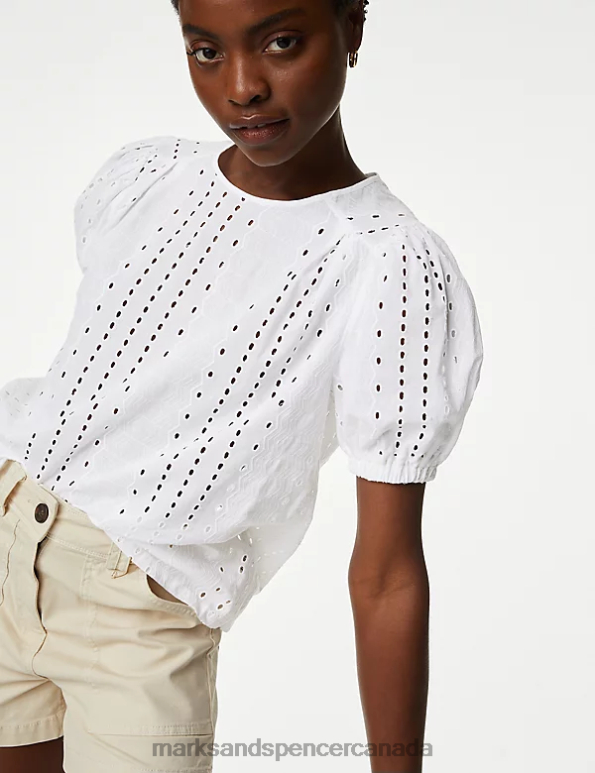 Women Soft White Clothing Marks & Spencer Pure Cotton Broderie Puff Sleeve Blouse 20VTD284 - Marks and Spencer Canada locations