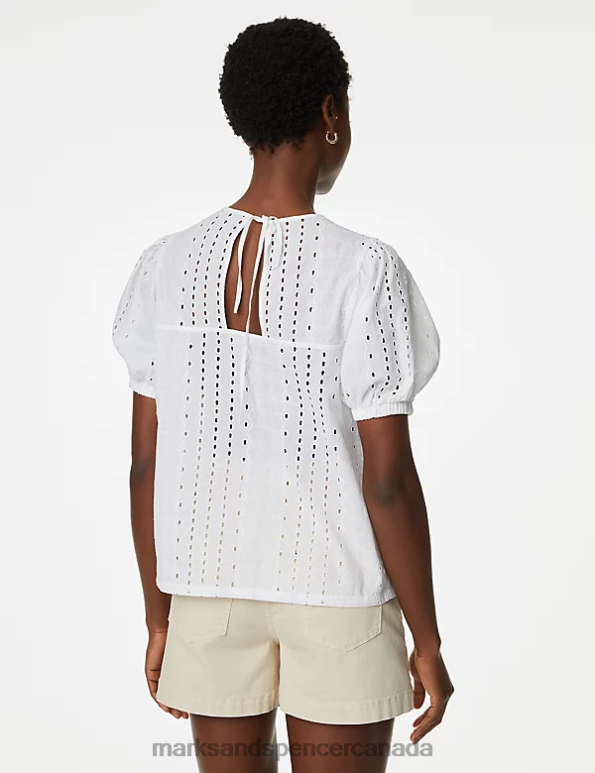 Women Soft White Clothing Marks & Spencer Pure Cotton Broderie Puff Sleeve Blouse 20VTD284 - Marks and Spencer Canada locations