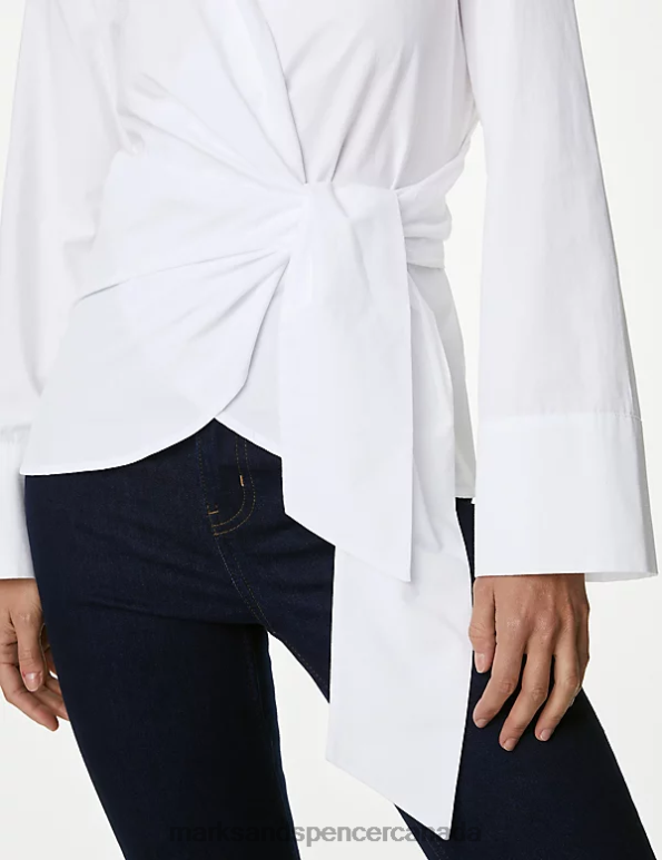 Women Soft White Clothing Marks & Spencer Pure Cotton Collared Tie Front Shirt 20VTD312 - Marks and Spencer Canada locations
