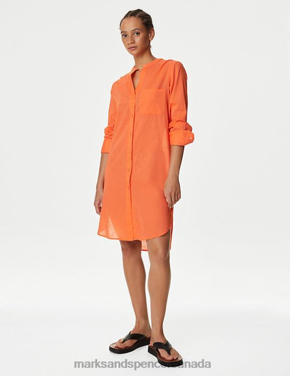 Women Tangerine Clothing Marks & Spencer Pure Cotton Collarless Beach Cover Up Shirt 20VTD1138 - Marks and Spencer Canada locations
