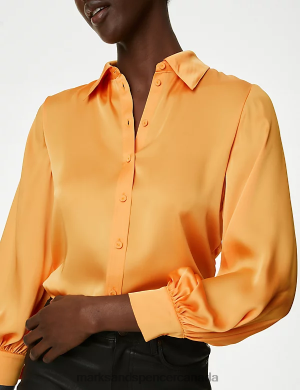 Marks and Spencer near me - Women Tangerine Clothing Marks & Spencer Satin Collared Blouson Sleeve Shirt 20VTD2285