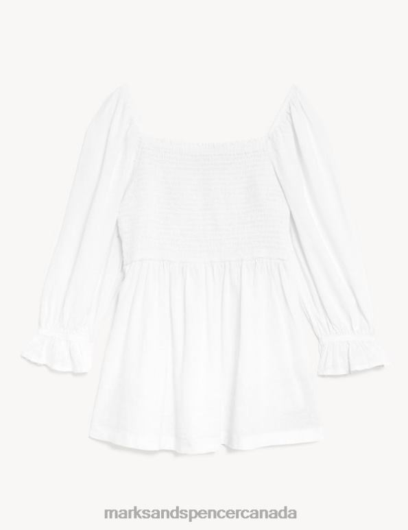 Women White Clothing Marks & Spencer Linen Blend Square Neck Shirred Blouse 20VTD1503 - Marks and Spencer outlet