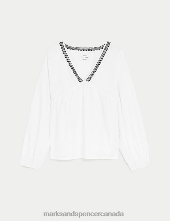 Women White Clothing Marks & Spencer Linen Blend V-Neck Blouse 20VTD771 - Marks and Spencer Canada locations