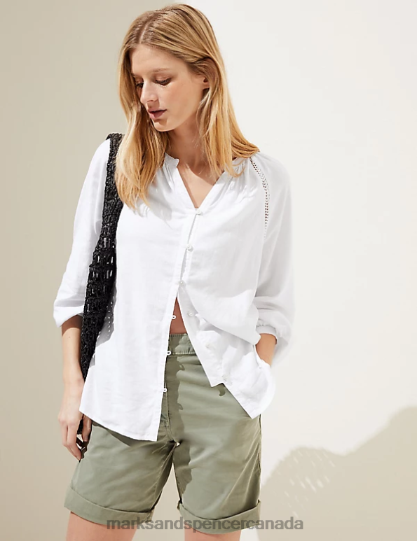 Marks and Spencer Canada - Women White Clothing Marks & Spencer Linen Rich Collarless Blouse 20VTD2035