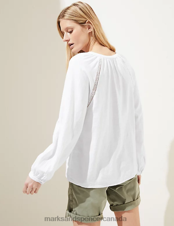Marks and Spencer Canada - Women White Clothing Marks & Spencer Linen Rich Collarless Blouse 20VTD2035