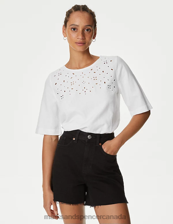 Marks and Spencer Canada - Women White Clothing Marks & Spencer Linen Rich Cutwork Detail Blouse 20VTD974